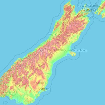 Topografische kaart Zuidereiland, hoogte, reliëf