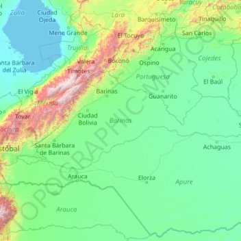 Topografische kaart Barinas, hoogte, reliëf