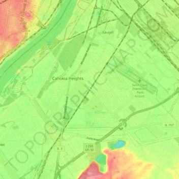 Topografische kaart Cahokia, hoogte, reliëf