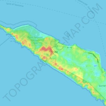 Topografische kaart Portsea, hoogte, reliëf