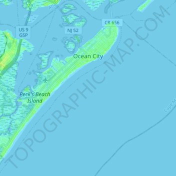 Topografische kaart Ocean City, hoogte, reliëf