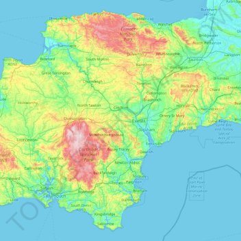 Topografische kaart Devon, hoogte, reliëf