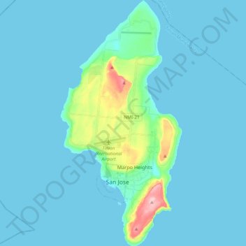 Topografische kaart Tinian Island, hoogte, reliëf