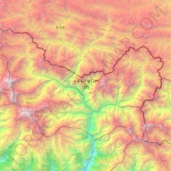 Topografische kaart Chum Nubri, hoogte, reliëf