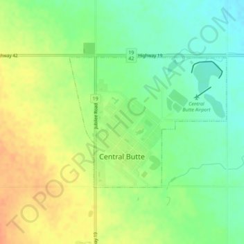 Topografische kaart Central Butte, hoogte, reliëf