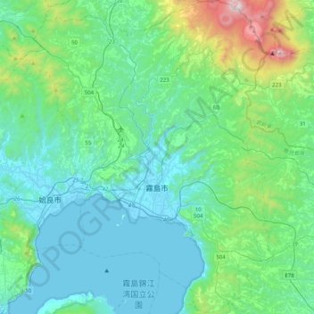 Topografische kaart Kirishima, hoogte, reliëf