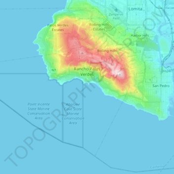 Topografische kaart Rancho Palos Verdes, hoogte, reliëf