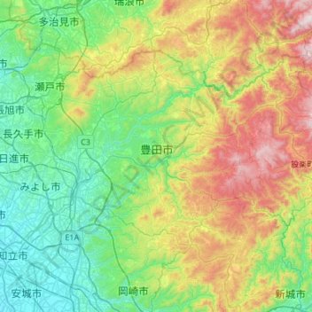 Topografische kaart 豊田市, hoogte, reliëf