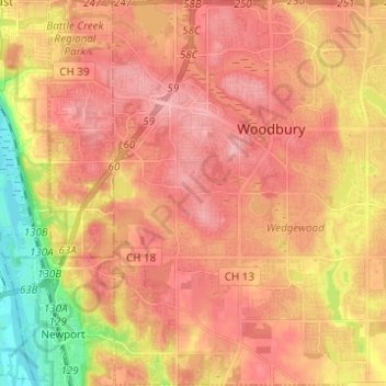 Topografische kaart Woodbury, hoogte, reliëf