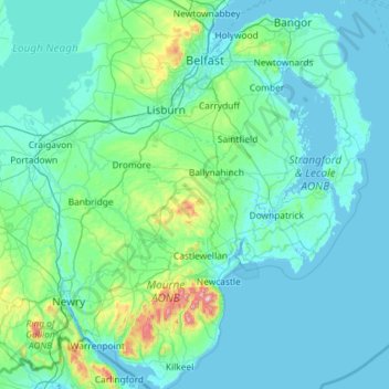 Topografische kaart County Down, hoogte, reliëf