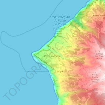 Topografische kaart Ponta do Pargo, hoogte, reliëf