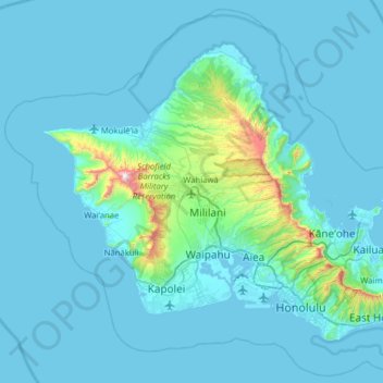 Topografische kaart Oʻahu Island, hoogte, reliëf