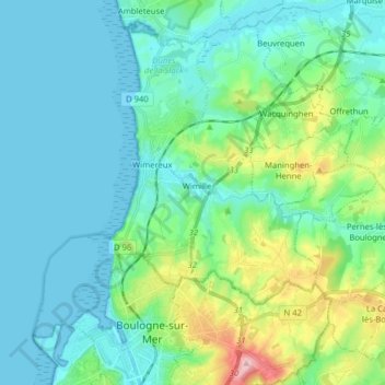 Topografische kaart Boulogne-sur-Mer-1, hoogte, reliëf