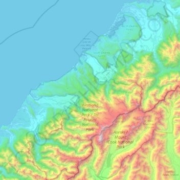 Topografische kaart Westland Tai Poutini National Park, hoogte, reliëf