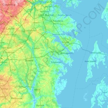 Topografische kaart Anne Arundel County, hoogte, reliëf