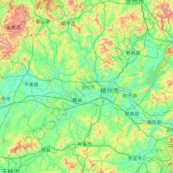 Topografische kaart Wuzhou, hoogte, reliëf