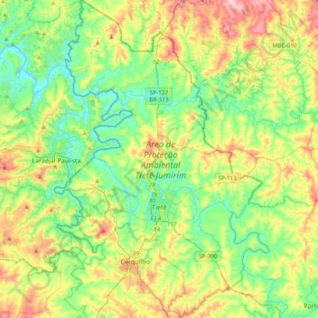 Topografische kaart Tietê, hoogte, reliëf
