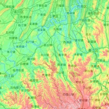 Topografische kaart Jiangjin District, hoogte, reliëf