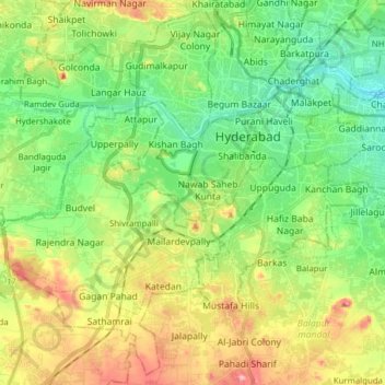 Topografische kaart Greater Hyderabad Municipal Corporation South Zone, hoogte, reliëf