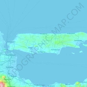 Topografische kaart Madura, hoogte, reliëf