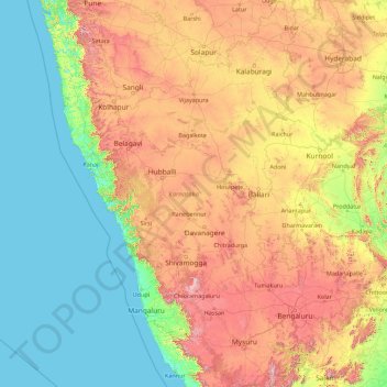 Topografische kaart Karnataka, hoogte, reliëf