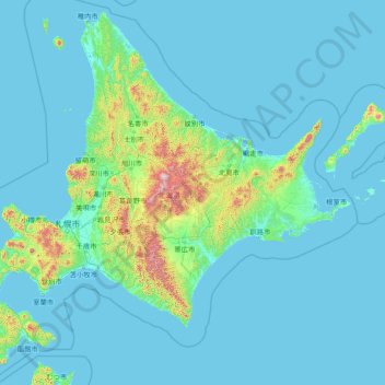 Topografische kaart Hokkaido, hoogte, reliëf