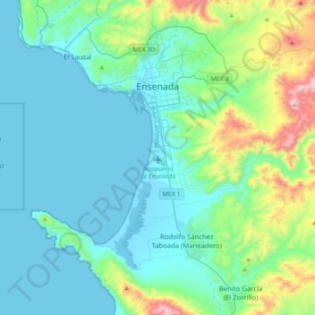Topografische kaart Ensenada, hoogte, reliëf