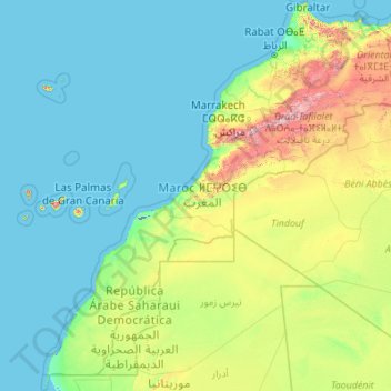 Topografische kaart Marokko, hoogte, reliëf