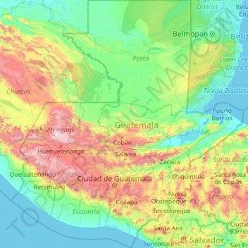 Topografische kaart Guatemala, hoogte, reliëf