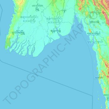 Topografische kaart ရန်ကုန်တိုင်းဒေသကြီး, hoogte, reliëf