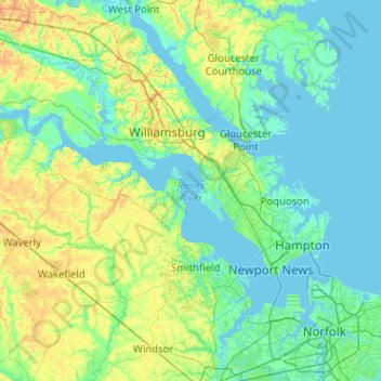 Topografische kaart James River, hoogte, reliëf
