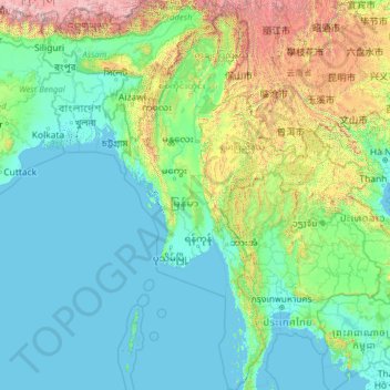 Topografische kaart Myanmar, hoogte, reliëf