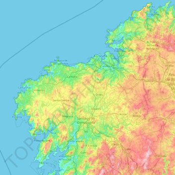 Topografische kaart La Coruña, hoogte, reliëf