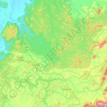 Topografische kaart Koraput, hoogte, reliëf