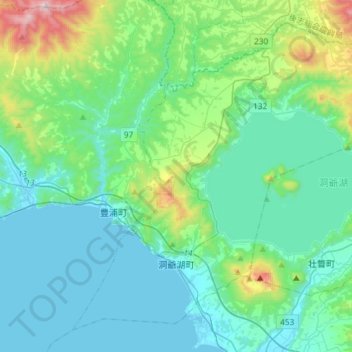 Topografische kaart Toyako, hoogte, reliëf