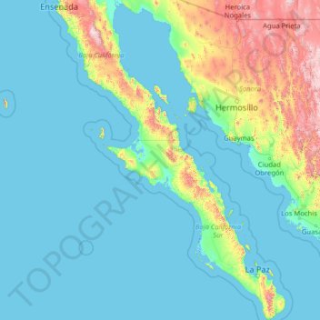 Topografische kaart Península de Baja California, hoogte, reliëf