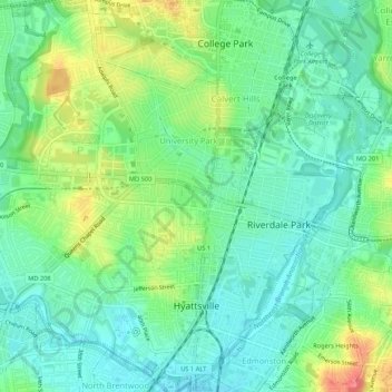 Topografische kaart Hyattsville, hoogte, reliëf
