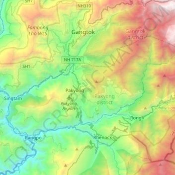 Topografische kaart Pakyong, hoogte, reliëf