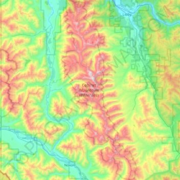 Topografische kaart Cabinet Mountains Wilderness Area, hoogte, reliëf