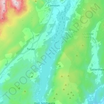 Topografische kaart Coniston Water, hoogte, reliëf