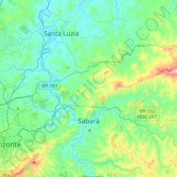 Topografische kaart Sabará, hoogte, reliëf