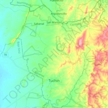Topografische kaart Tuchín, hoogte, reliëf