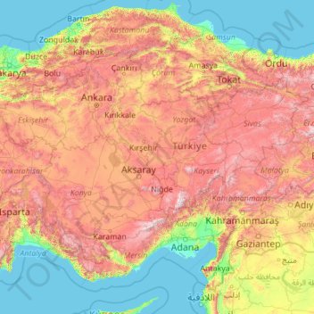 Topografische kaart Central Anatolia Region, hoogte, reliëf