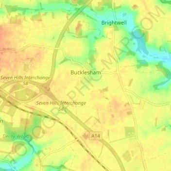 Topografische kaart Bucklesham, hoogte, reliëf