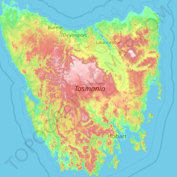 Topografische kaart Tasmanië, hoogte, reliëf