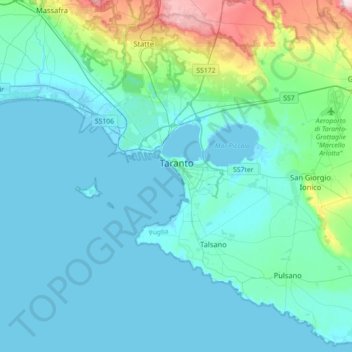 Topografische kaart Tarento, hoogte, reliëf