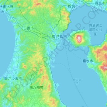 Topografische kaart Kagoshima, hoogte, reliëf
