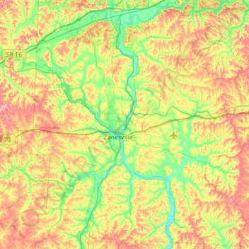 Topografische kaart Muskingum County, hoogte, reliëf