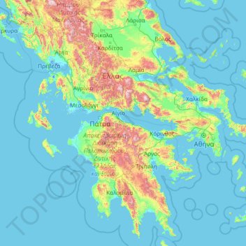 Topografische kaart Peloponnes, Westgriechenland und Ionische Inseln, hoogte, reliëf