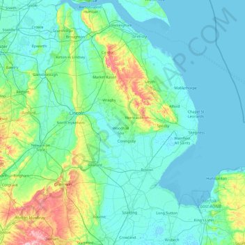 Topografische kaart Lincolnshire, hoogte, reliëf